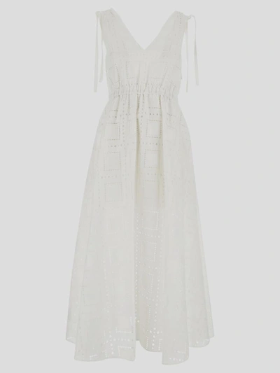 Shop Msgm Solid Color Sangallo Midi Dress In Off-white