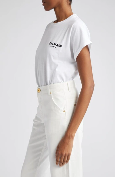 Shop Balmain Flocked Logo Cotton Graphic T-shirt In Gab White/ Black