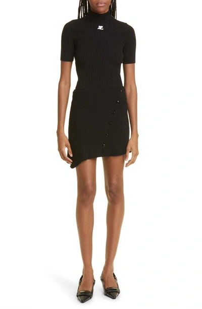 Courrèges Embroidered Logo Mock Neck Rib Sweater In Black