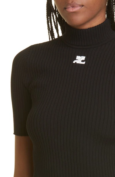 Shop Courrèges Embroidered Logo Mock Neck Rib Sweater In Black