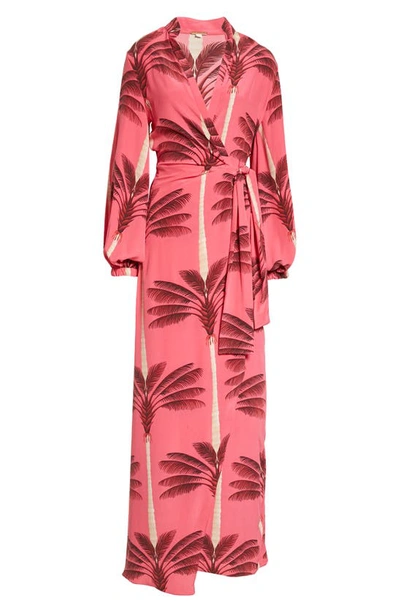 Shop Johanna Ortiz Untamed Tropics Long Sleeve Silk Wrap Maxi Dress In Cuba Pink/ Wine