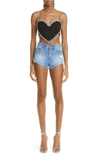 Shop Area Distressed Crystal Detail Nonstretch Denim Shorts In Light Indigo