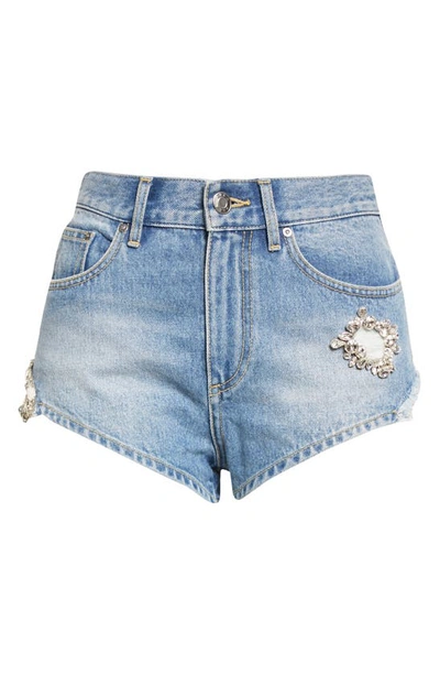 Shop Area Distressed Crystal Detail Nonstretch Denim Shorts In Light Indigo