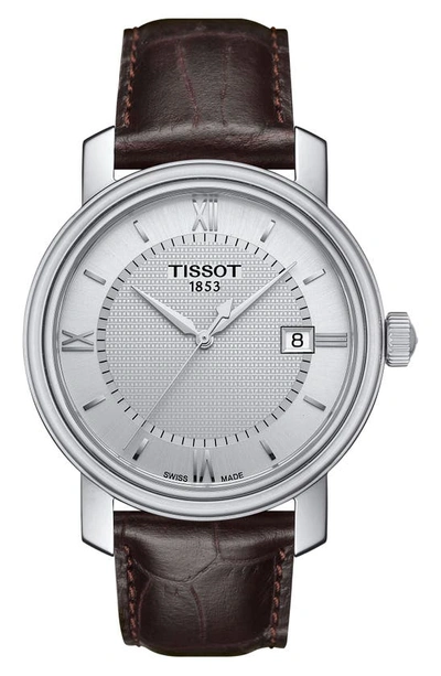 Shop Tissot Bridgeport Leather Strap Watch, 40mm In Brown/ Silver