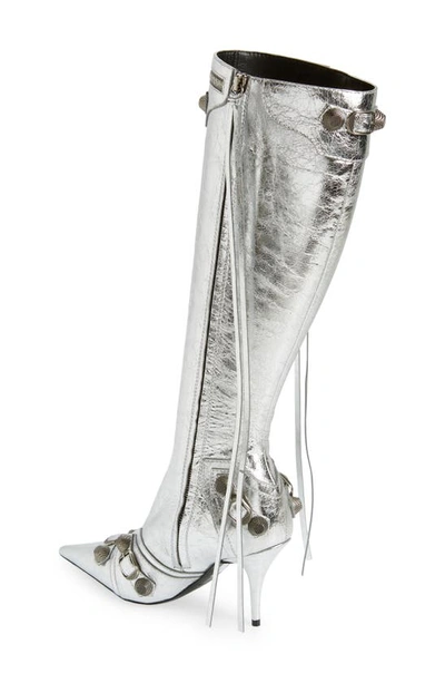 Shop Balenciaga Cagole Pointed Toe Knee High Boot In Silver