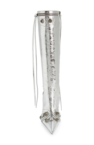 Shop Balenciaga Cagole Pointed Toe Knee High Boot In Silver