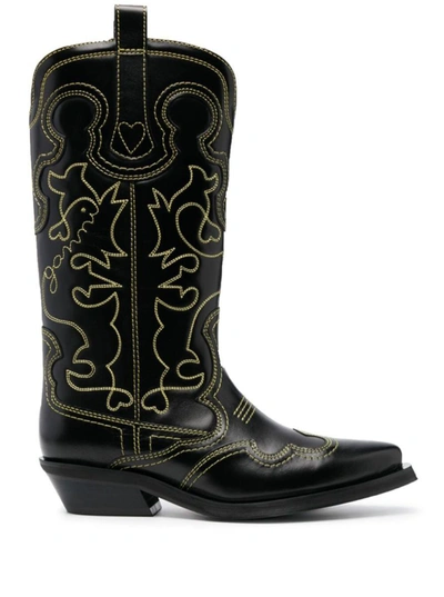 Shop Ganni Black 'cowboy' Boots With Contrasting Embroidered Stitching In Leather Woman