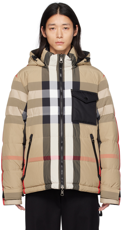 Shop Burberry Beige Check Reversible Down Jacket In Archive Beige/black