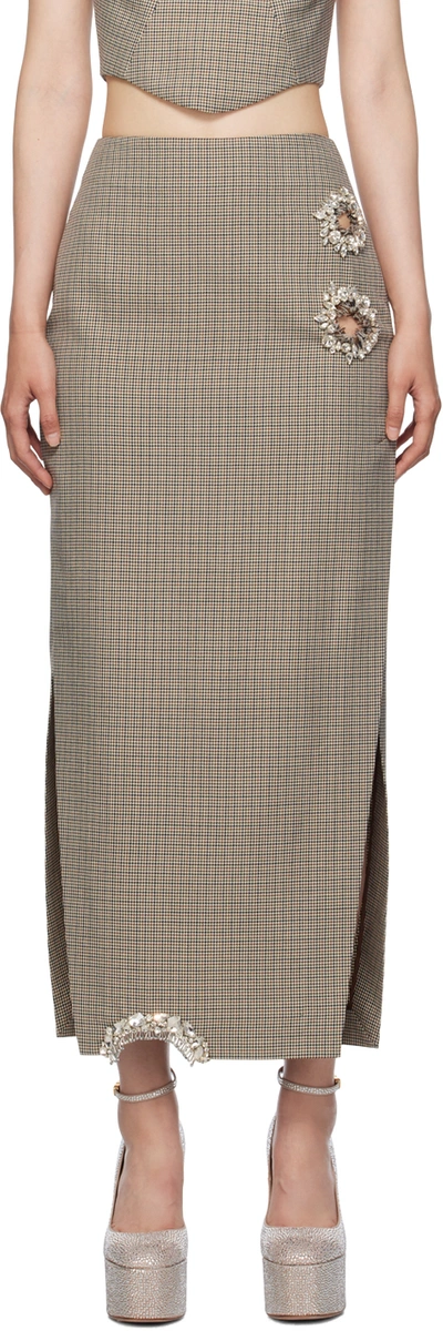 Area Crystal-embellished Cutout Houndstooth Wool Midi Skirt In Brown/ivory