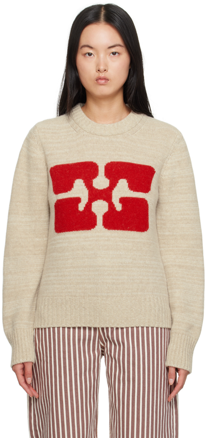Shop Ganni Beige Jacquard Sweater In 531 Pale Khaki