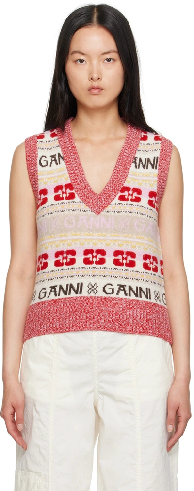 Shop Ganni Red Jacquard Vest In 999 Multicolour