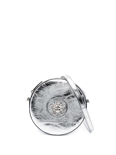 Shop Versace La Medusa Leather Crossbody Bag In Silver
