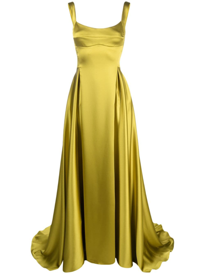 Shop Atu Body Couture Satin-finish Pleated Maxi Gown In Green