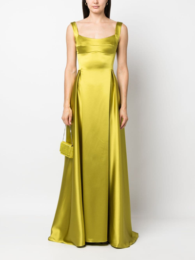 Shop Atu Body Couture Satin-finish Pleated Maxi Gown In Green