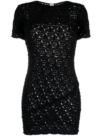 Shop Totême Crochet-knit Short-sleeve Minidress In Black