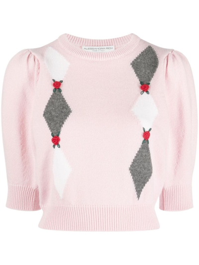 Shop Alessandra Rich Floral-appliqué Cropped Knitted Jumper In Pink
