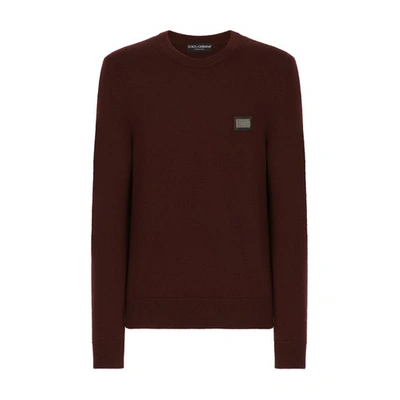 Shop Dolce & Gabbana Wool Round-neck Sweater With Branded Tag In Wine