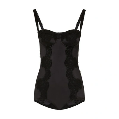 Shop Dolce & Gabbana Silk Balconette-bra Bodysuit With Lace Detailing In Black