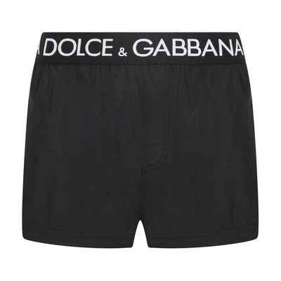 Shop Dolce & Gabbana Short Swim Trunks With Branded Stretch Waistband In Black