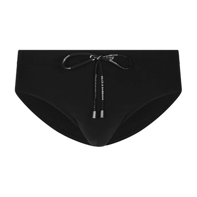 Shop Dolce & Gabbana Swim Briefs With High-cut Leg And Branded Rear Waistband In Black