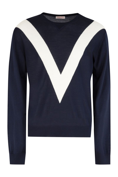 Shop Valentino Crew-neck Wool Sweater In Blue