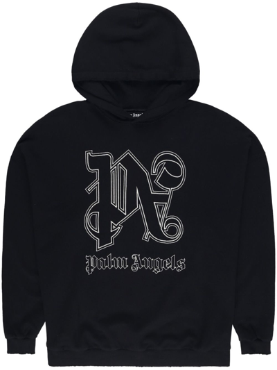 Shop Palm Angels Logo-embroidered Cotton Hoodie In Black