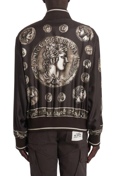 Shop Dolce & Gabbana Coin Print Silk Twill Bomber Jacket In Dark Brown