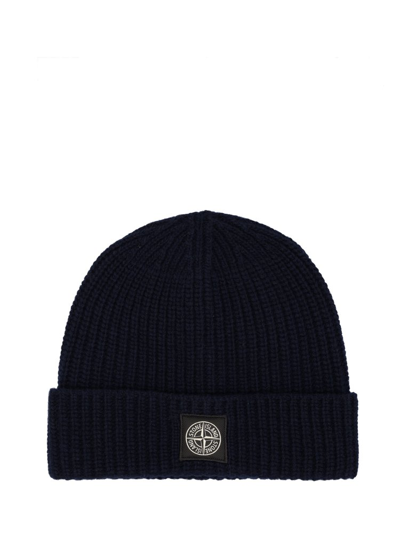 Shop Stone Island Logo Patch Knitted Beanie In Navy