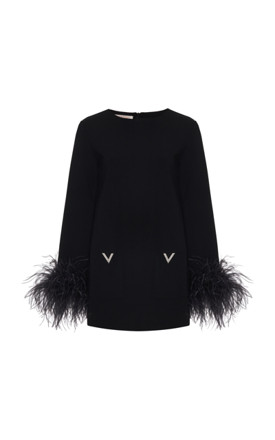 Shop Valentino Feather-trimmed Embroidered Viscose Sweater In Black