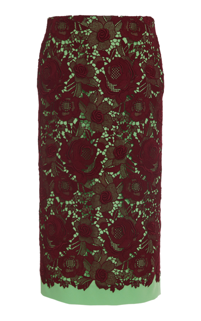 Shop Valentino Lace-detailed Cotton-blend Midi Skirt In Burgundy