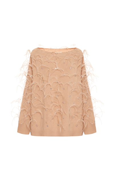 Shop Valentino Feather-detailed Embroidered Wool Sweater In Neutral