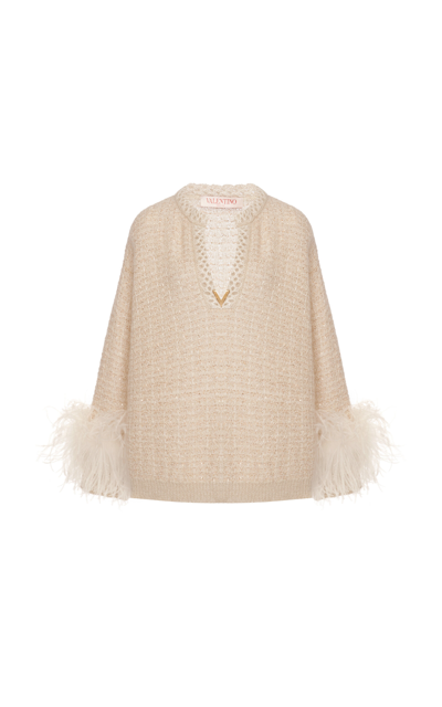 Shop Valentino Feather-trimmed Embroidered Sweater In Neutral