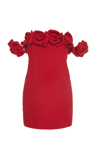 Shop Valentino Rose-detailed Straplesswool-silk Mini Dress In Red