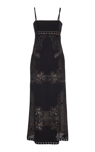 Shop Valentino Embroidered Cotton-blend Maxi Dress In Black