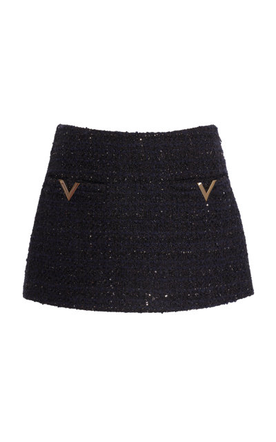Shop Valentino Tweed Mini Skirt In Navy