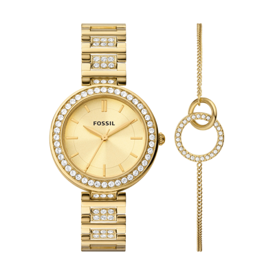 Shop Fossil Women's Karli Three-hand, Gold-tone Stainless Steel Watch And Bracelet Box Set
