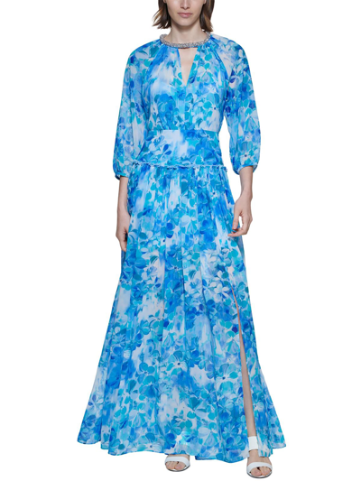 Shop Calvin Klein Womens Chiffon Floral Maxi Dress In Blue