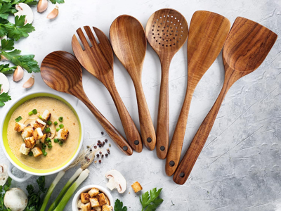 Zulay Kitchen Teak Wooden Cooking Spoons (6 Pc Set) In Brown