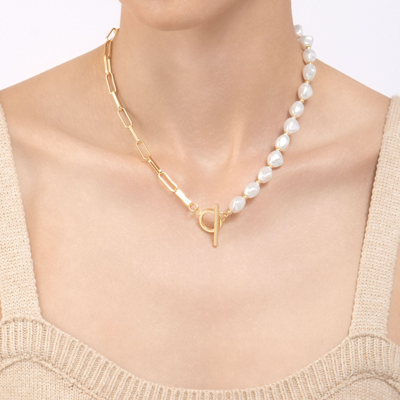 Adornia Pearl And Paper Clip Chain Toggle Necklace Gold In White