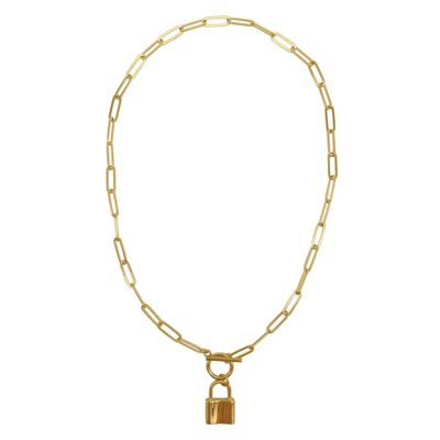 Adornia 14k Gold Plated Water Resistant Paper Clip Chain Lock Toggle Necklace In Yellow
