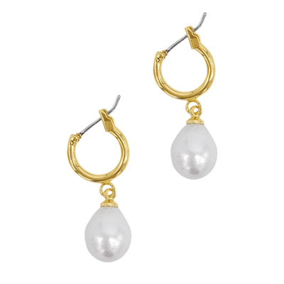 Shop Adornia Pearl Huggie Drop Earrings Gold In Yellow