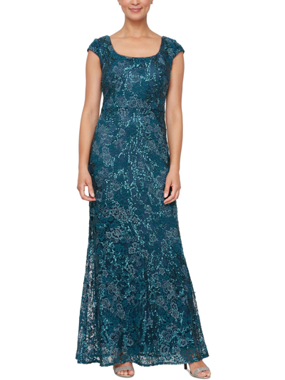 Shop Alex Evenings Petites Womens Sequined Long Evening Dress In Blue