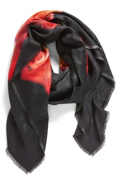 Shop Alexander Mcqueen Solorised Floral Skull Jacquard Silk & Wool Scarf In 1074 Black/ Red