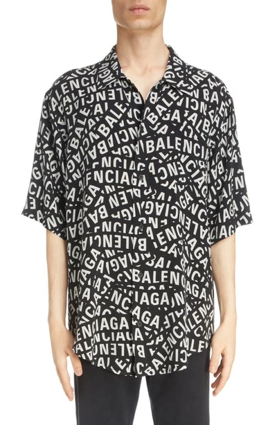 Shop Balenciaga Logo Strips Cupro Blend Button-up Shirt In Black/ Grey