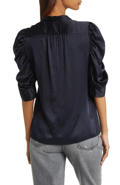 Shop Frame Gillian Three-quarter Sleeve Silk Button-up Shirt In Navy