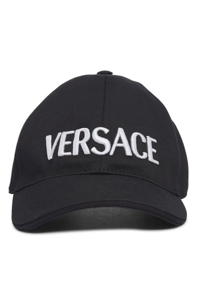 Shop Versace Embroidered Logo Baseball Cap In Black/ White/ Palladium