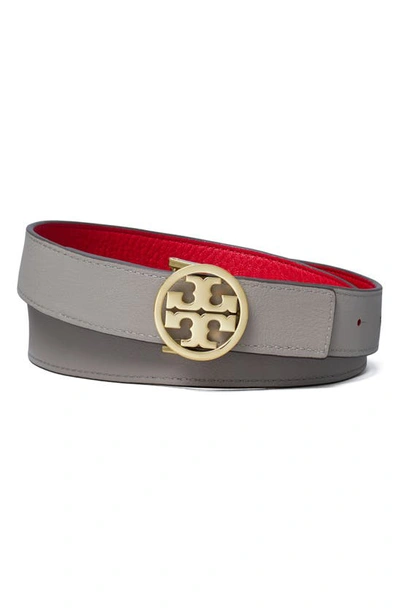 Shop Tory Burch Miller Reversible Logo Belt In Red Apple / Gray Heron / Gold