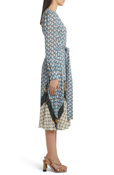 Shop Etro Lattice Floral Print Long Sleeve Stretch Crepe Dress In 0250 - Azzurro