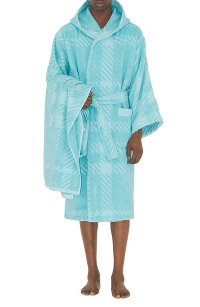 Shop Burberry Mega Check Cotton Terry Cloth Hooded Robe In Bright Topaz Blue