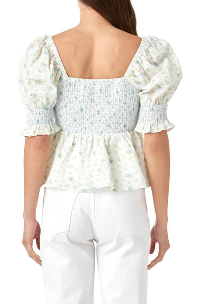 English Factory Floral Print Puff Sleeve Peplum Blouse In Blue Multi